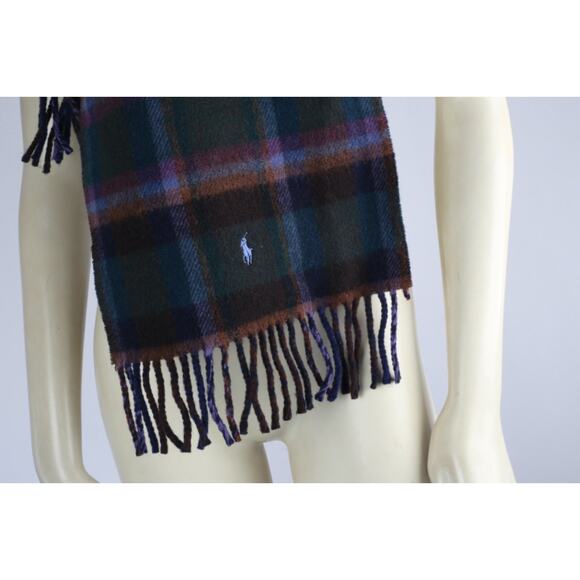 Vintage Polo Ralph Lauren Lambswool Plaid Fringe Shawl Wrap Scarf Luxury Classic - Picture 6 of 9